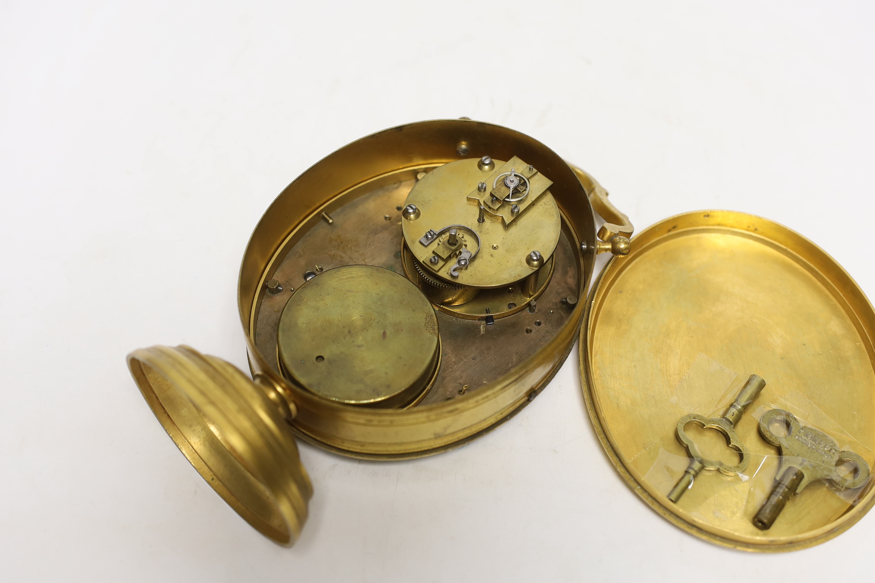 A 19th century gilt metal timepiece barometer with thermometer, 20cm high